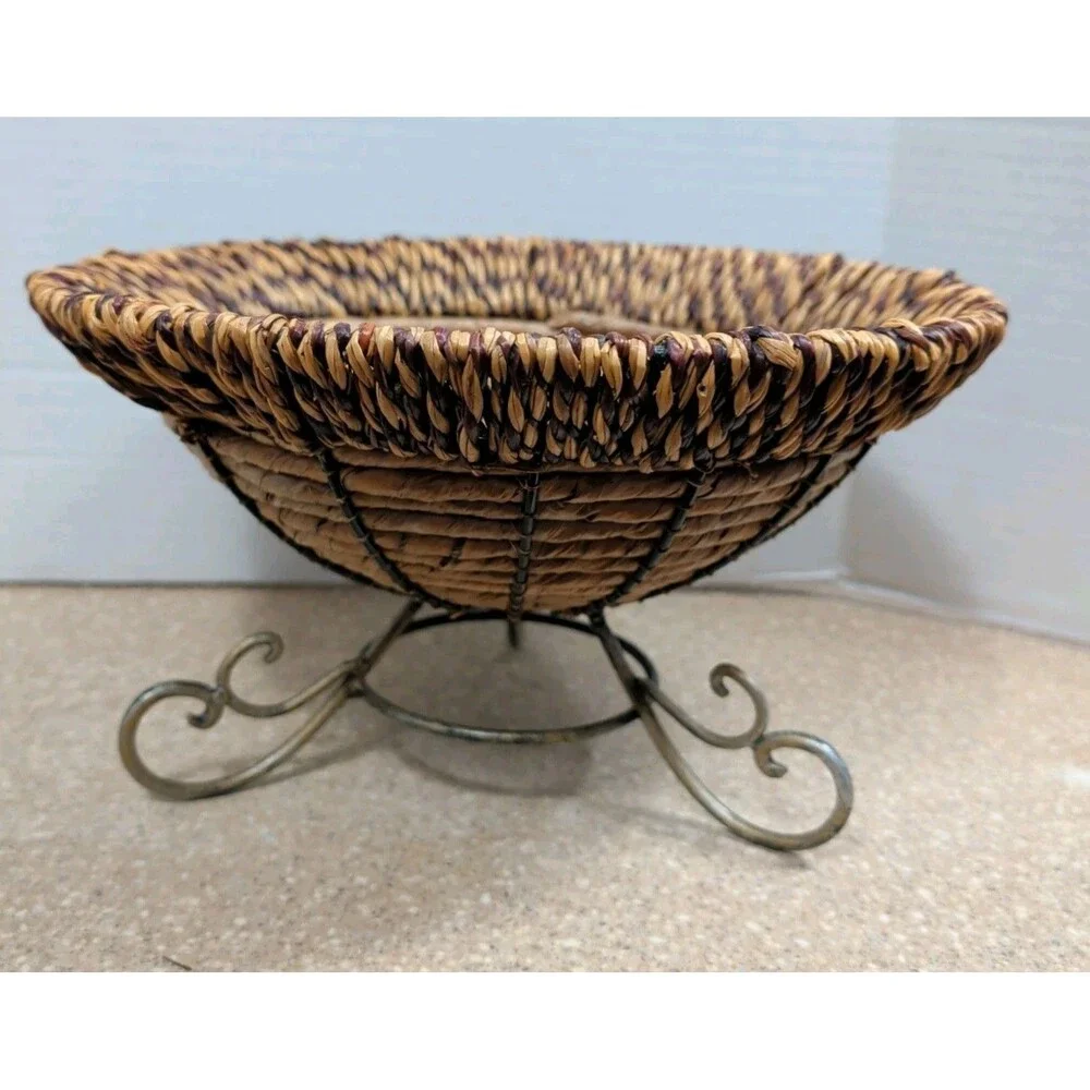 Wicker Woven Metal Pedestal Fruit Bowl Planter Storage Display Boho Large 12”